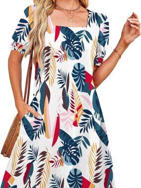 RUMIA Women's Summer Dress Casual Tropical Square Neck Puff Short Sleeve Dress-S